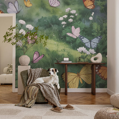 Mural decorativo con diseño de mariposas en el prado