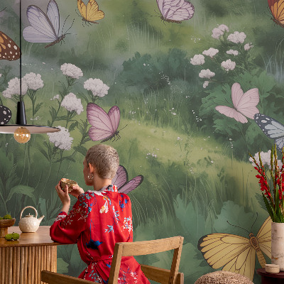 Mural decorativo con diseño de mariposas en el prado