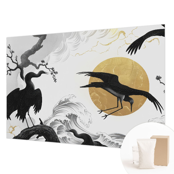 Papel mural con patrón decorativo con estampado de grullas negras