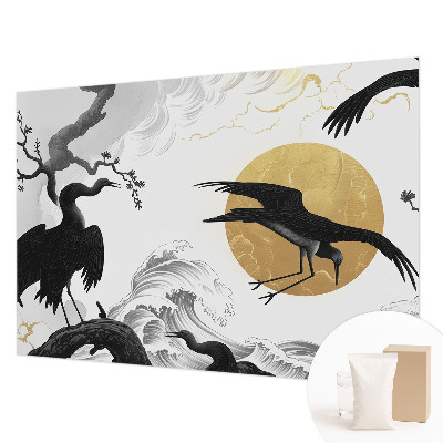 Papel mural con patrón decorativo con estampado de grullas negras