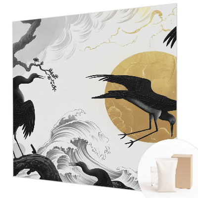Papel mural con patrón decorativo con estampado de grullas negras