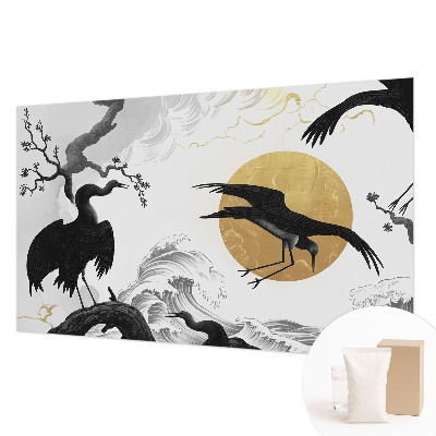 Papel mural con patrón decorativo con estampado de grullas negras