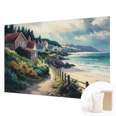 Papel mural texturado decorativo con diseño de casas en acantilados