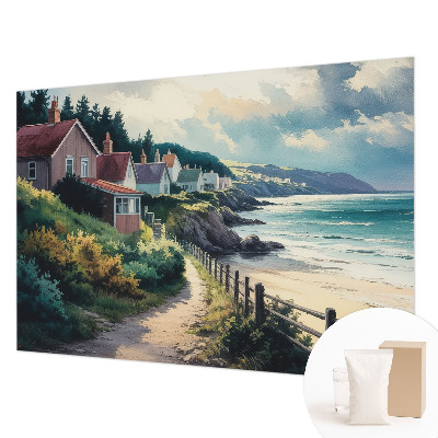 Papel mural texturado decorativo con diseño de casas en acantilados