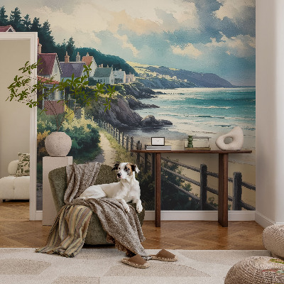 Papel mural texturado decorativo con diseño de casas en acantilados