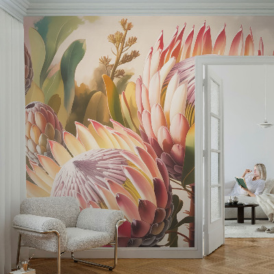 Papel mural con patrón decorativo con diseño de flores de protea