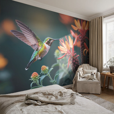 Fotomural decorativo para cabecero de cama con motivo de flores y colibríes