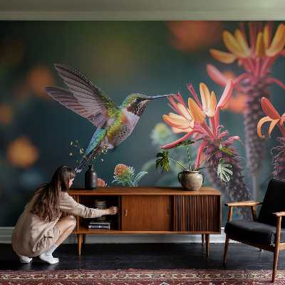 Fotomural decorativo para cabecero de cama con motivo de flores y colibríes