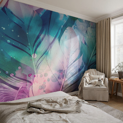 Papel mural texturado decorativo con estampado de plumas coloridas