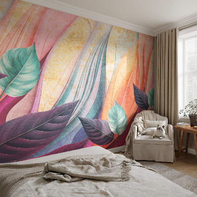 Papel mural con patrón decorativo con hojas abstractas como motivo