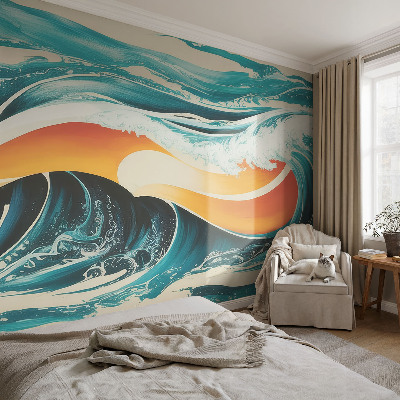 Fotomural decorativo para cabecero de cama con un motivo de ondas abstractas