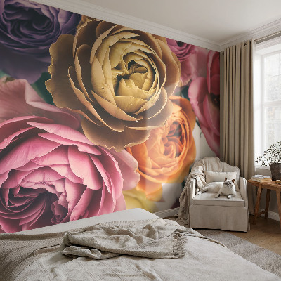 Papel mural con patrón decorativo con rosas coloridas