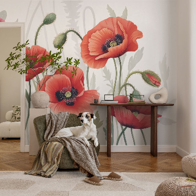 Papel mural texturado decorativo con diseño de amapolas rojas
