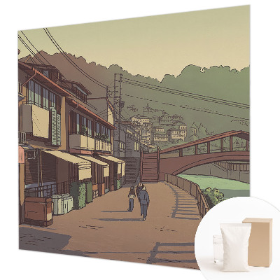 Mural decorativo con un paisaje en tonos pastel