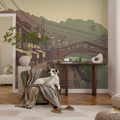 Mural decorativo con un paisaje en tonos pastel