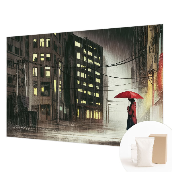 Fotomural decorativo para cabecero de cama con ilustración de una ciudad lluviosa