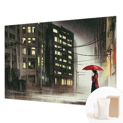Fotomural decorativo para cabecero de cama con ilustración de una ciudad lluviosa