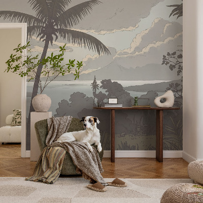Papel mural con patrón decorativo con un motivo de paisaje exótico