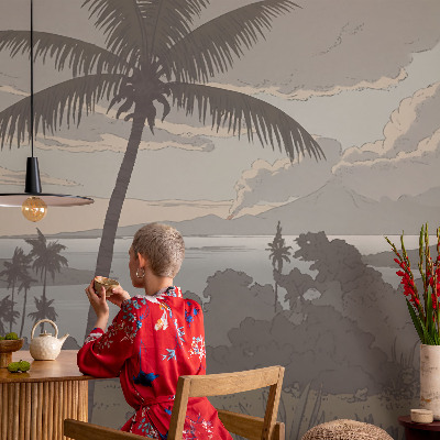 Papel mural con patrón decorativo con un motivo de paisaje exótico