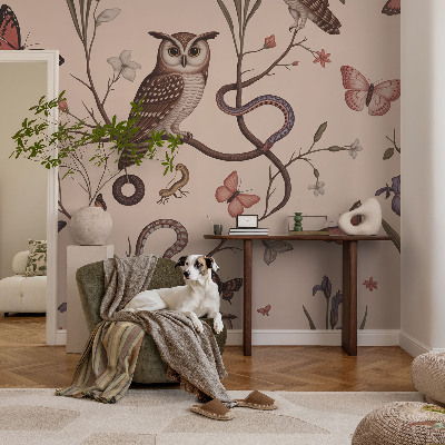 Papel mural texturado decorativo con motivo de búho con detalles naturales