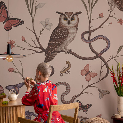 Papel mural texturado decorativo con motivo de búho con detalles naturales