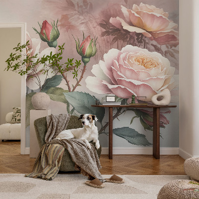 Papel mural con patrón decorativo con diseño de rosas en tonos pastel