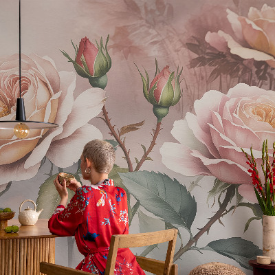 Papel mural con patrón decorativo con diseño de rosas en tonos pastel