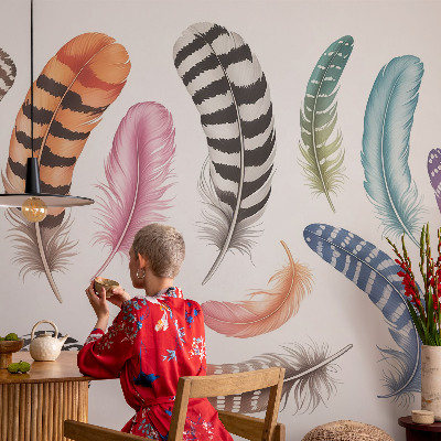 Mural de pared con estampado hermoso con plumas en tonos pastel