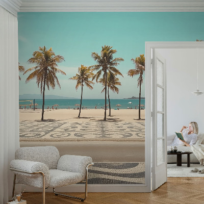 Mural de pared con estampado hermoso con motivo de playa con palmeras