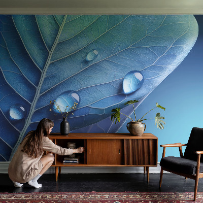 Papel mural texturado decorativo con diseño de hoja azul