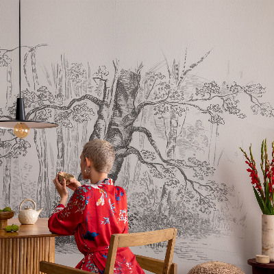 Papel mural con patrón decorativo con motivo de árbol del bosque