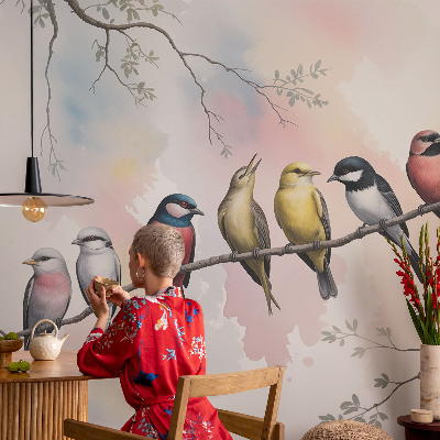 Papel mural texturado decorativo con diseño de pájaros en una rama