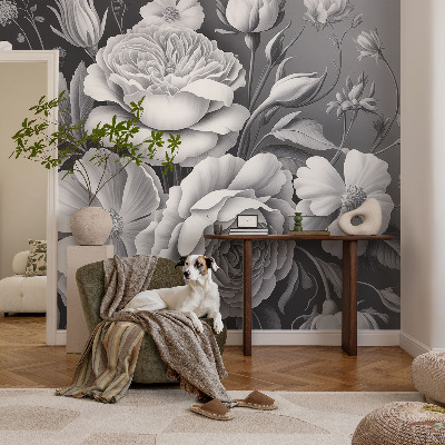 Papel mural con patrón decorativo con diseño de flores en tonos grises