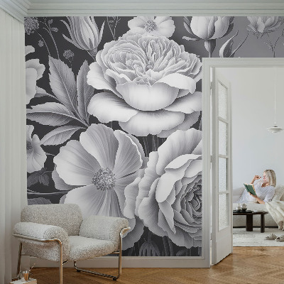 Papel mural con patrón decorativo con diseño de flores en tonos grises