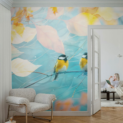 Papel mural con patrón decorativo con motivos de aves de primavera