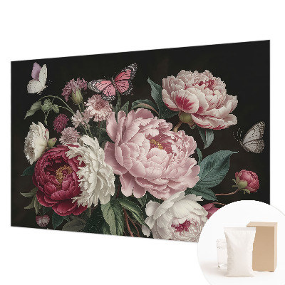 Papel mural texturado decorativo con diseño de peonías y mariposas