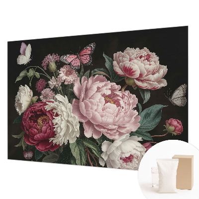 Papel mural texturado decorativo con diseño de peonías y mariposas