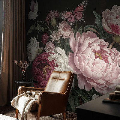 Papel mural texturado decorativo con diseño de peonías y mariposas