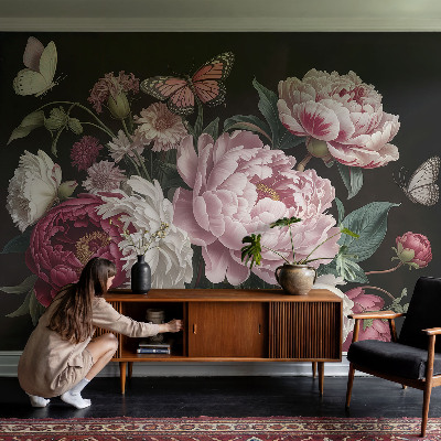 Papel mural texturado decorativo con diseño de peonías y mariposas