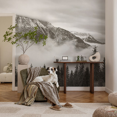 Papel mural con patrón decorativo con un paisaje de montaña