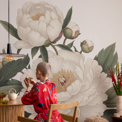 Mural decorativo con diseño de peonías blancas