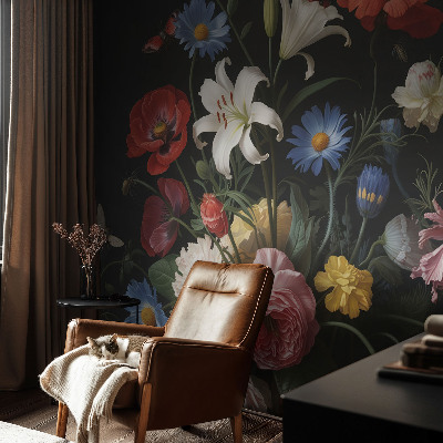 Mural de pared con estampado hermoso con motivo de flores e insectos