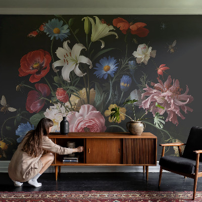 Mural de pared con estampado hermoso con motivo de flores e insectos