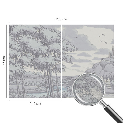 Papel mural con patrón decorativo con un paisaje de cuento de hadas
