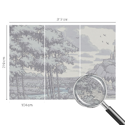 Papel mural con patrón decorativo con un paisaje de cuento de hadas