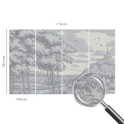 Papel mural con patrón decorativo con un paisaje de cuento de hadas