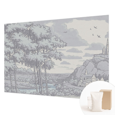 Papel mural con patrón decorativo con un paisaje de cuento de hadas