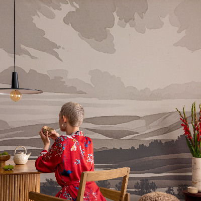 Papel mural texturado decorativo con un motivo de paisaje tranquilo