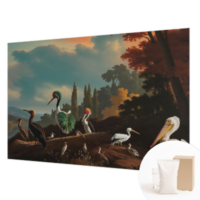 Fotomural decorativo para cabecero de cama con un motivo de pájaros pintorescos