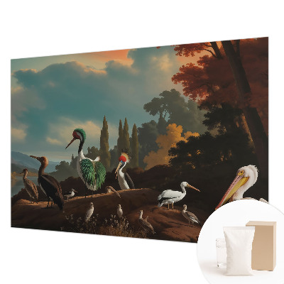Fotomural decorativo para cabecero de cama con un motivo de pájaros pintorescos